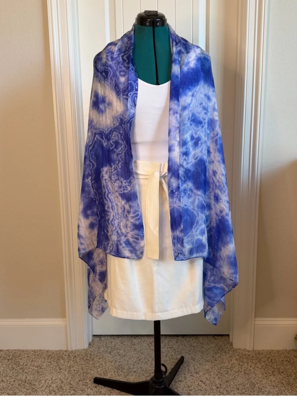 2/$30 100% Silk Blue Tie-Dye Watercolor Women's Scarf - Lightweight Fashion Wrap